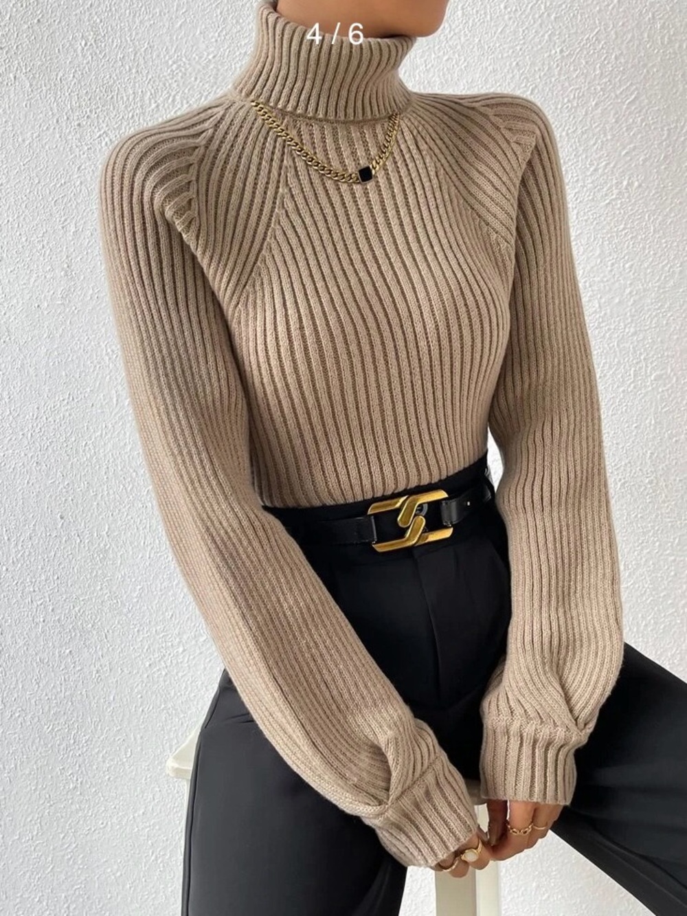 Turtleneck Raglan Sleeve Ribbed Knit Sweater - Picture 2 of 7